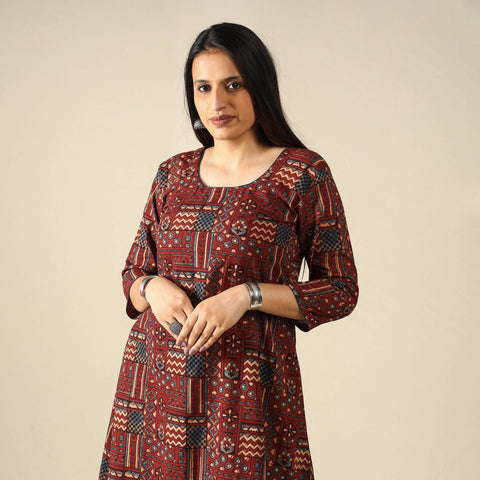 Red - Ajrakh Block Printed Cotton Long Kurta