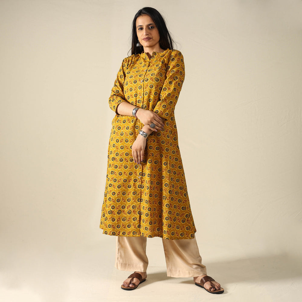 Yellow - Ajrakh Block Printed Cotton Long Kurta