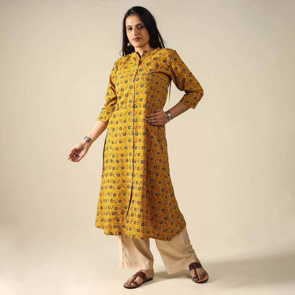 Yellow - Ajrakh Block Printed Cotton Long Kurta