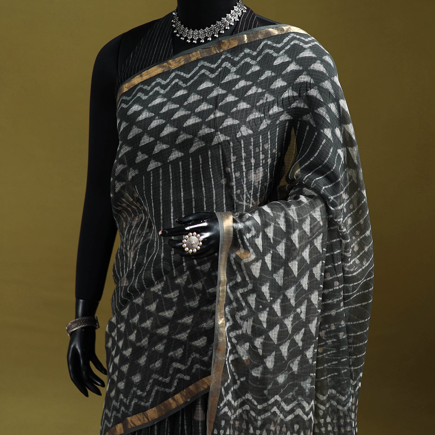Black - Batik Hand Block Print Kota Doria Cotton Saree 46
