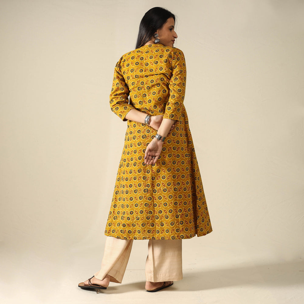 Yellow - Ajrakh Block Printed Cotton Long Kurta