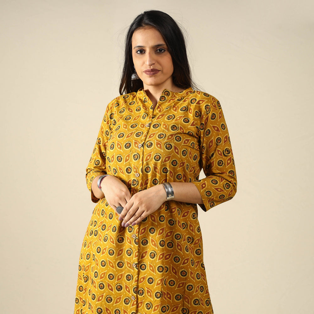 Yellow - Ajrakh Block Printed Cotton Long Kurta