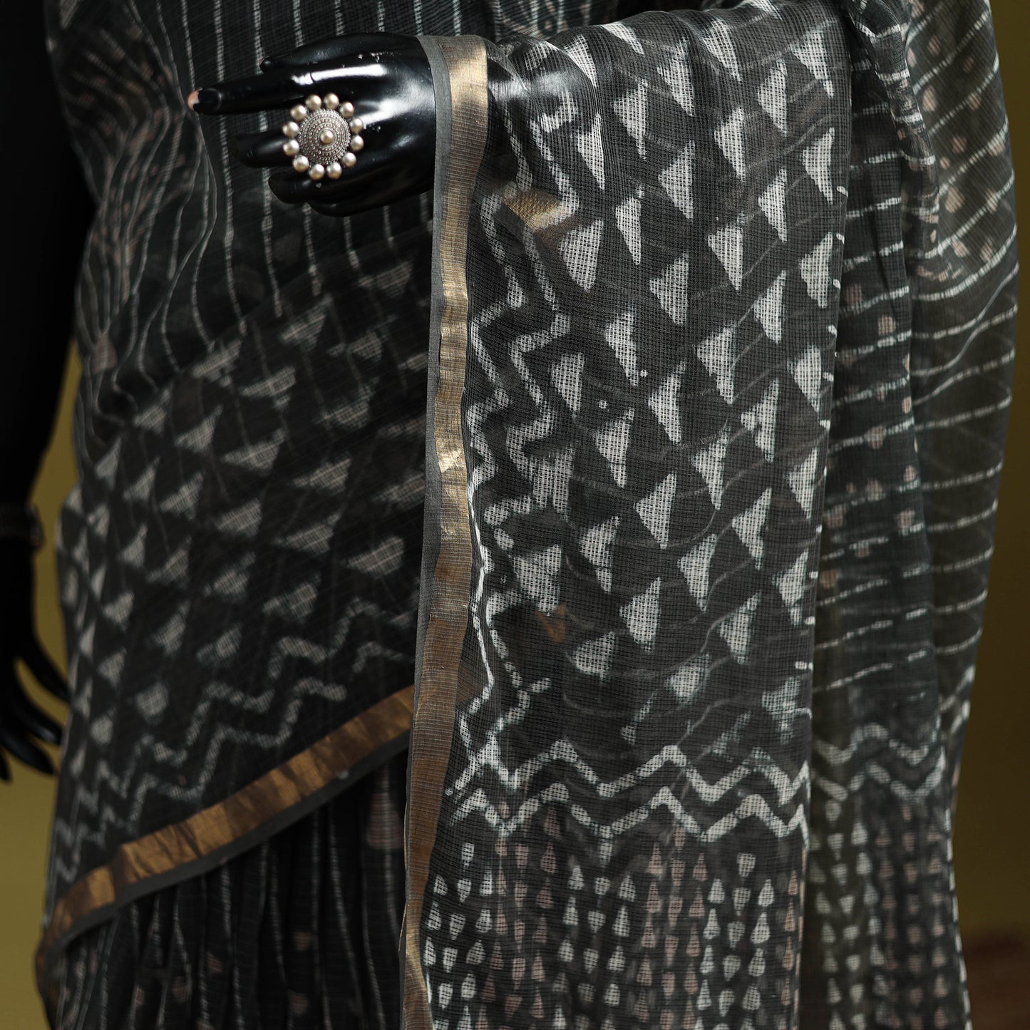 Black - Batik Hand Block Print Kota Doria Cotton Saree 46