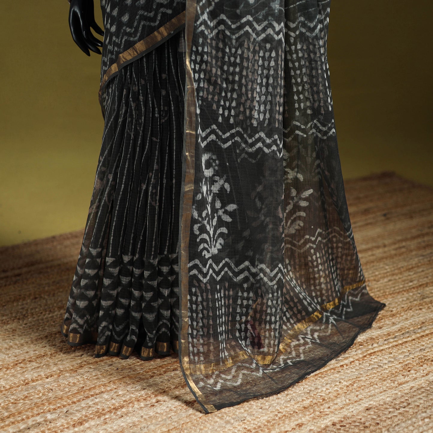 Black - Batik Hand Block Print Kota Doria Cotton Saree 46