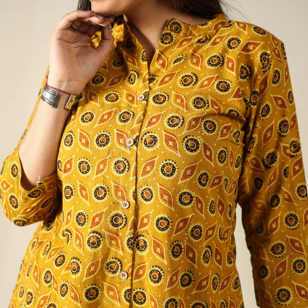 Yellow - Ajrakh Block Printed Cotton Long Kurta