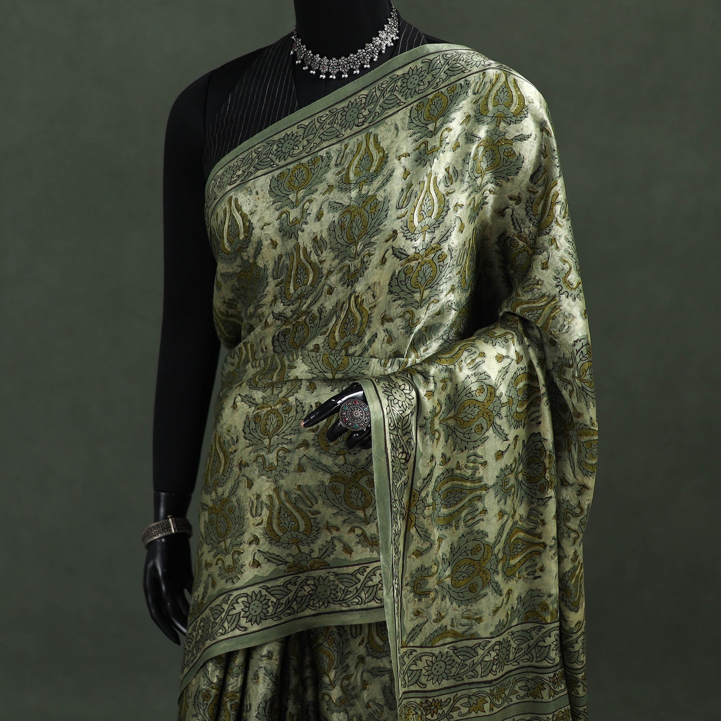 Bagru Hand Block Print Natural Dyed Modal Silk Saree 22