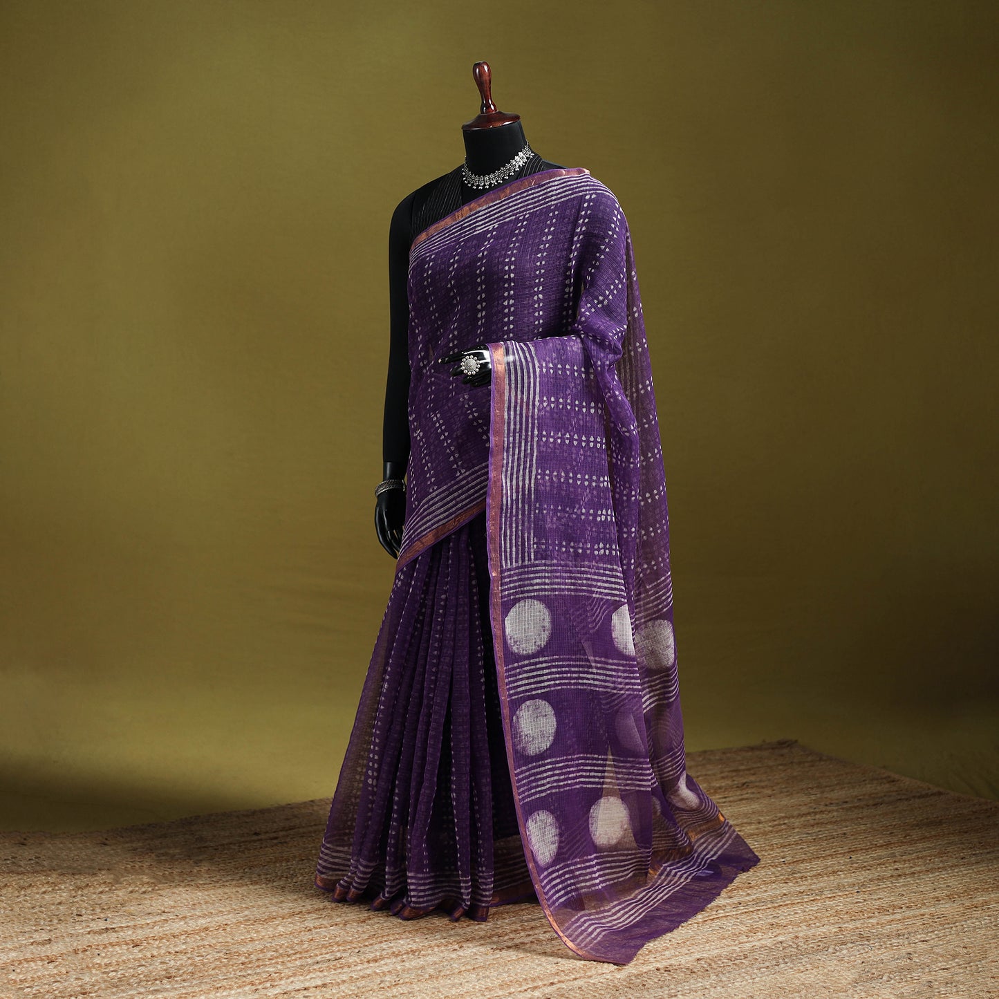 Purple - Batik Hand Block Print Kota Doria Cotton Saree 49