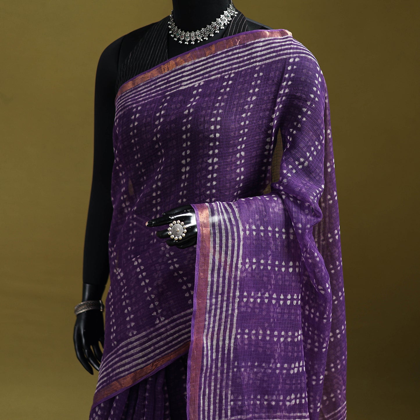 Purple - Batik Hand Block Print Kota Doria Cotton Saree 49