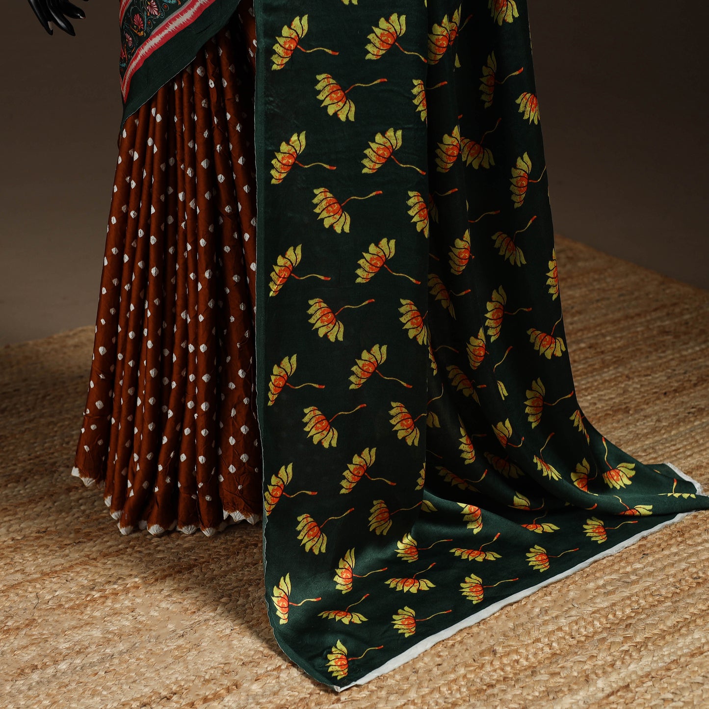 Orange - Kutch Tie-Dye Modal Silk Pichwai Printing Bandhani Saree 10