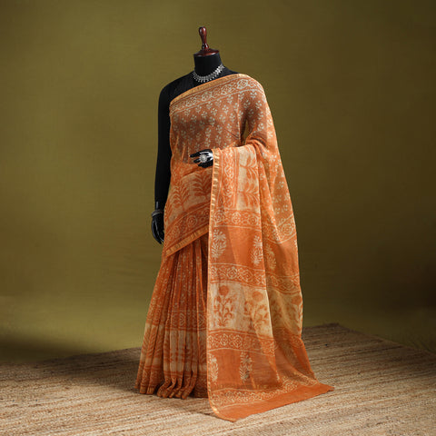 Orange - Batik Hand Block Print Kota Doria Cotton Saree 48