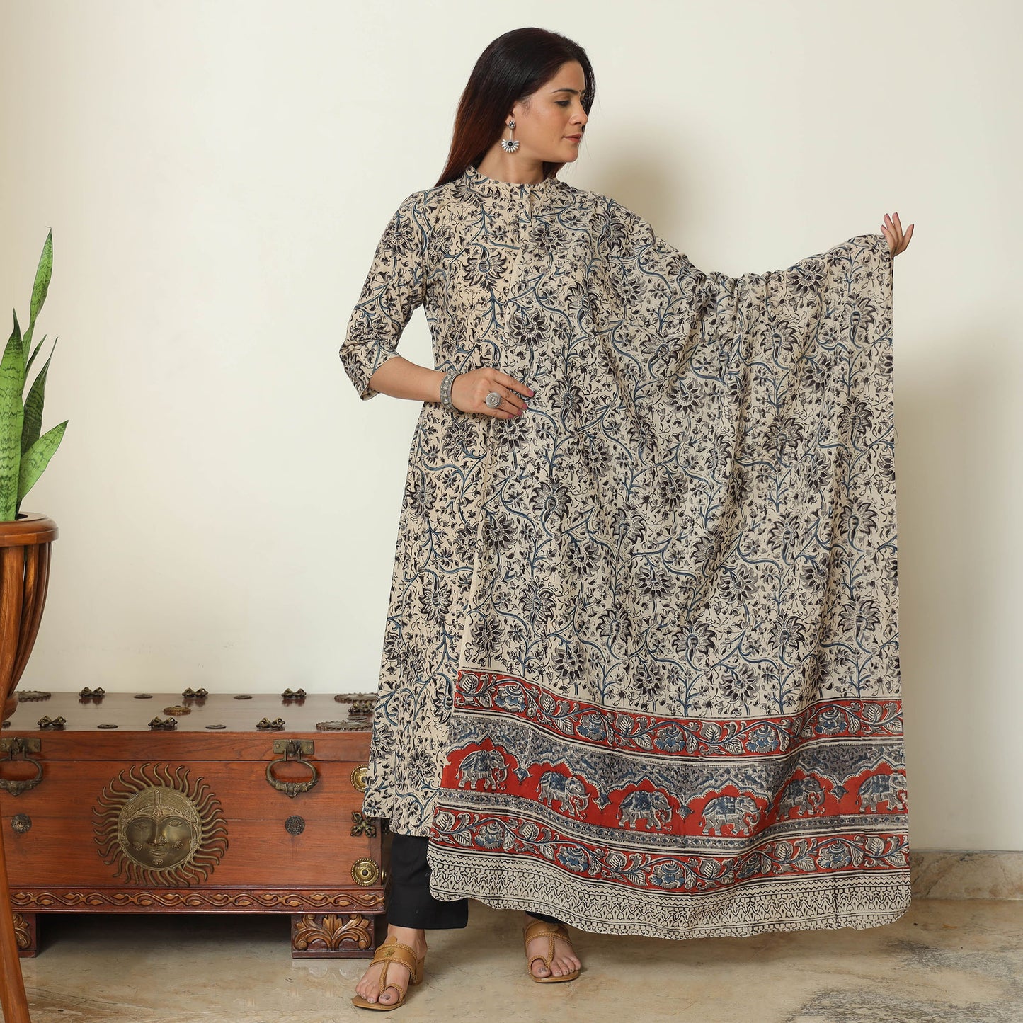 Beige - Pedana Kalamkari Block Printed Cotton Kurta with Palazzo & Dupatta Set 03