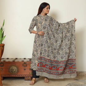 Beige - Pedana Kalamkari Block Printed Cotton Kurta with Palazzo & Dupatta Set 03