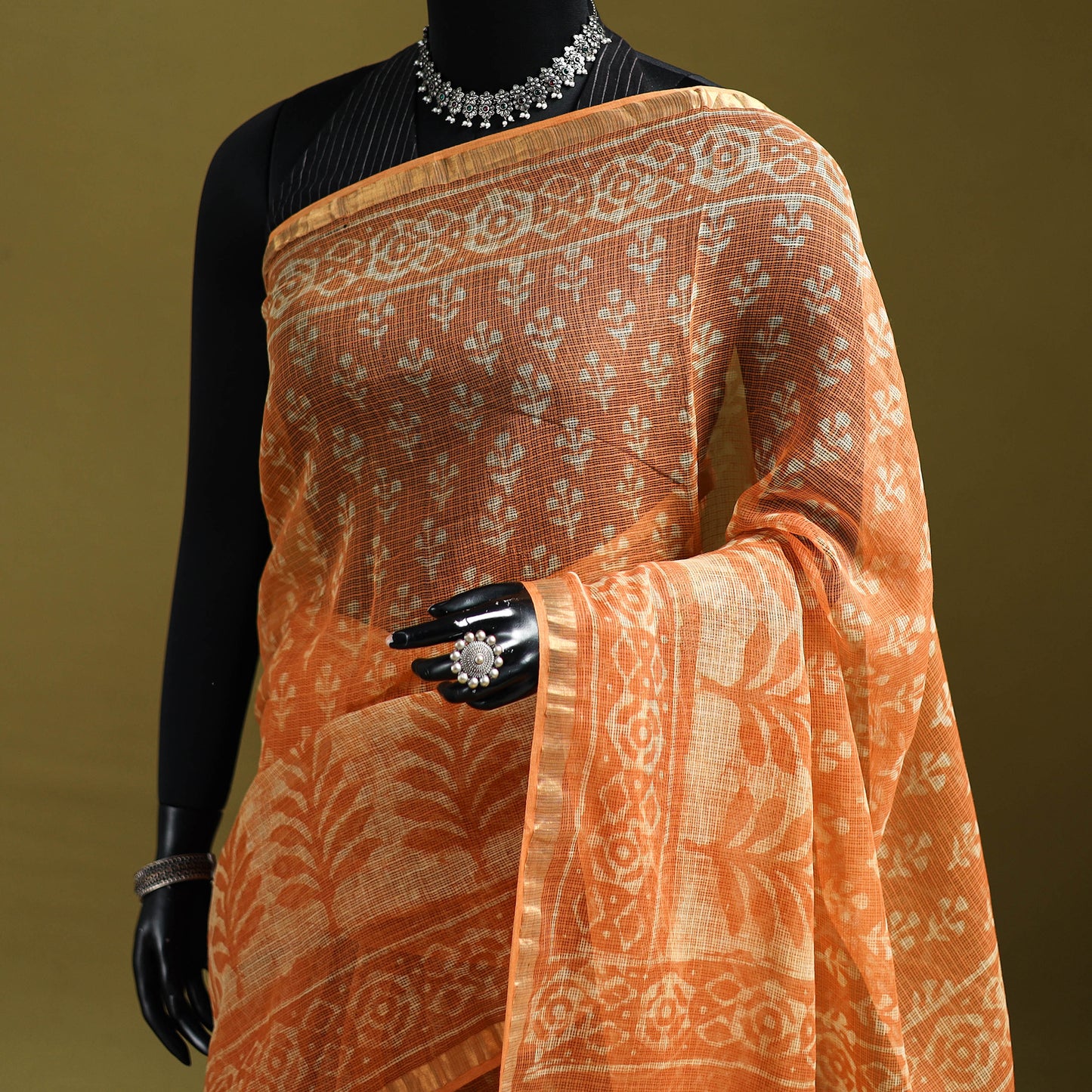 Orange - Batik Hand Block Print Kota Doria Cotton Saree 48