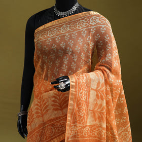 Orange - Batik Hand Block Print Kota Doria Cotton Saree 48