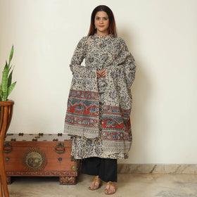 Beige - Pedana Kalamkari Block Printed Cotton Kurta with Palazzo & Dupatta Set 03