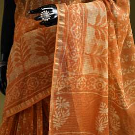 Orange - Batik Hand Block Print Kota Doria Cotton Saree 48