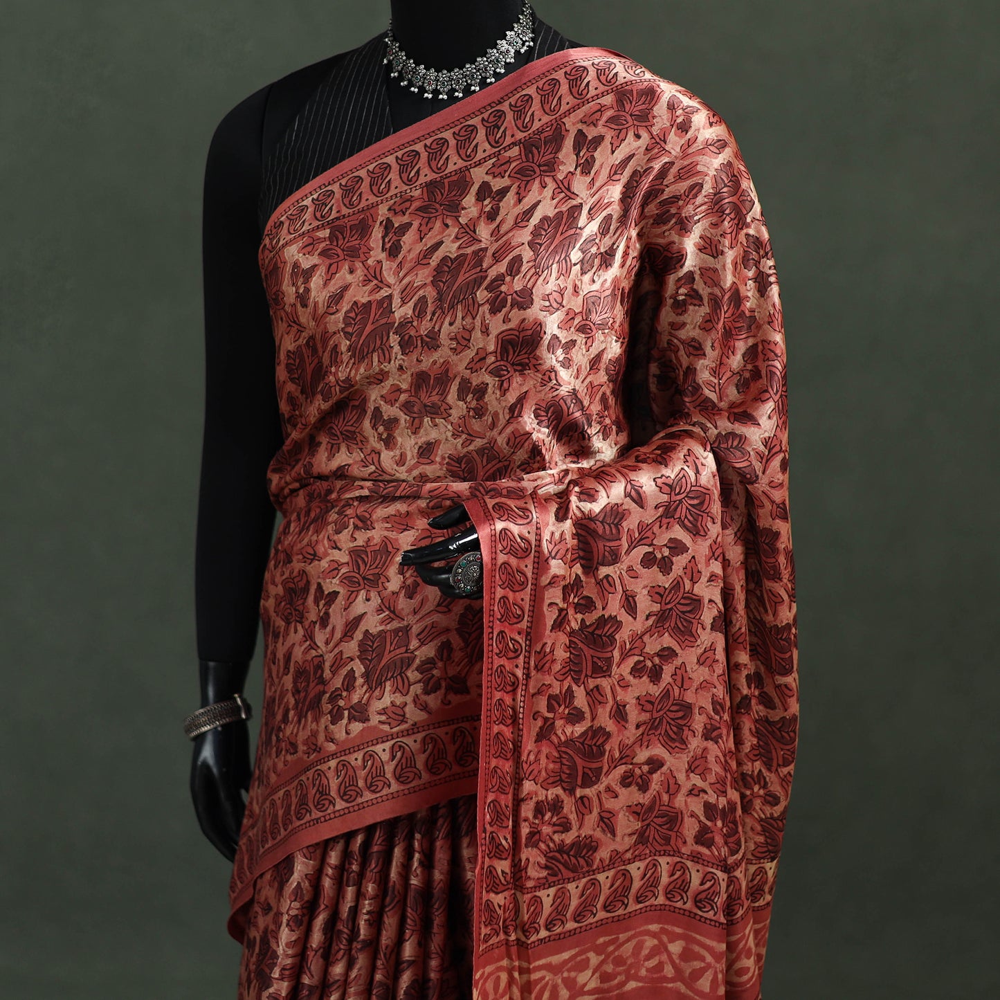 Bagru Hand Block Print Natural Dyed Modal Silk Saree 27