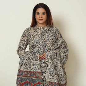 Beige - Pedana Kalamkari Block Printed Cotton Kurta with Palazzo & Dupatta Set 03