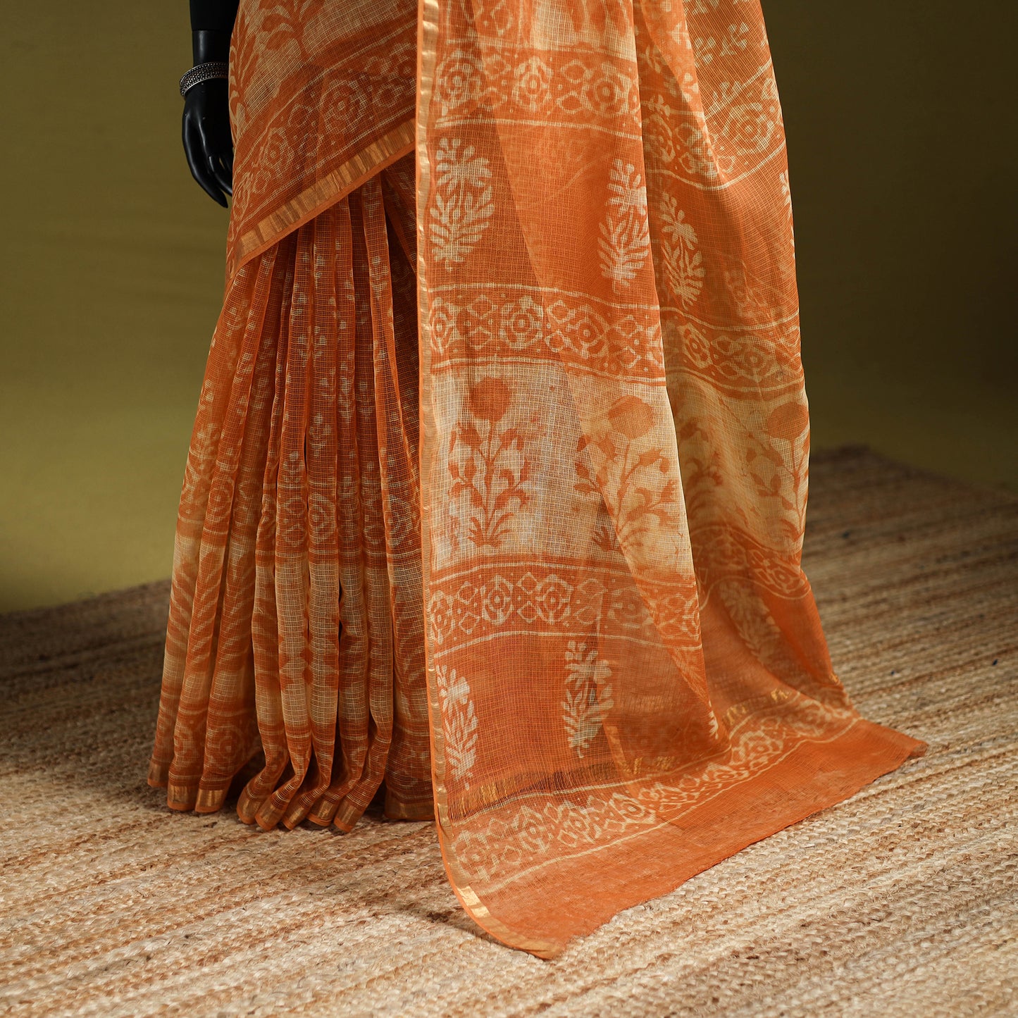 Orange - Batik Hand Block Print Kota Doria Cotton Saree 48