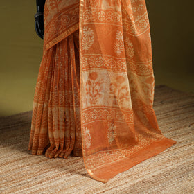 Orange - Batik Hand Block Print Kota Doria Cotton Saree 48