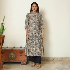 Beige - Pedana Kalamkari Block Printed Cotton Kurta with Palazzo & Dupatta Set 03