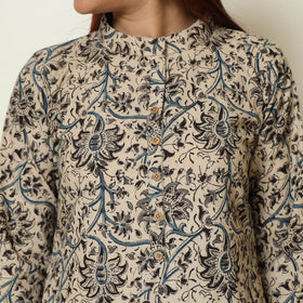 Beige - Pedana Kalamkari Block Printed Cotton Kurta with Palazzo & Dupatta Set 03