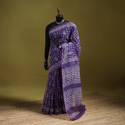 Purple - Batik Hand Block Print Kota Doria Cotton Saree 47