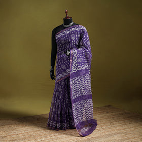 Purple - Batik Hand Block Print Kota Doria Cotton Saree 47