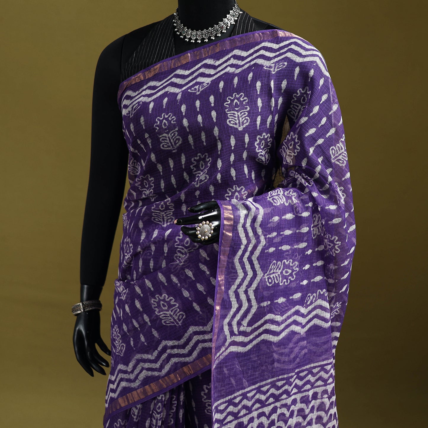 Purple - Batik Hand Block Print Kota Doria Cotton Saree 47