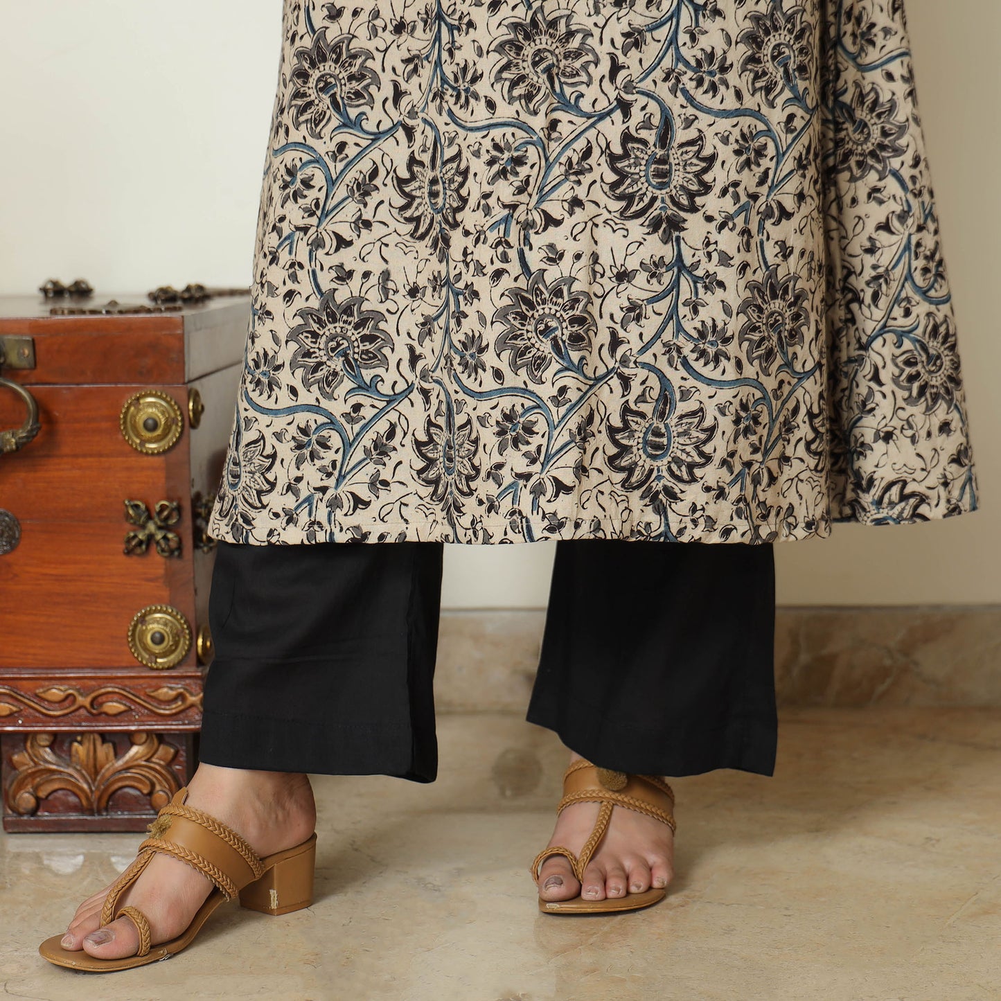 Beige - Pedana Kalamkari Block Printed Cotton Kurta with Palazzo & Dupatta Set 03