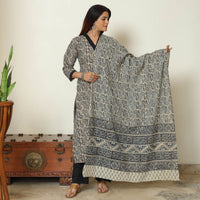 Grey - Pedana Kalamkari Block Printed Cotton Kurta with Palazzo & Dupatta Set 02