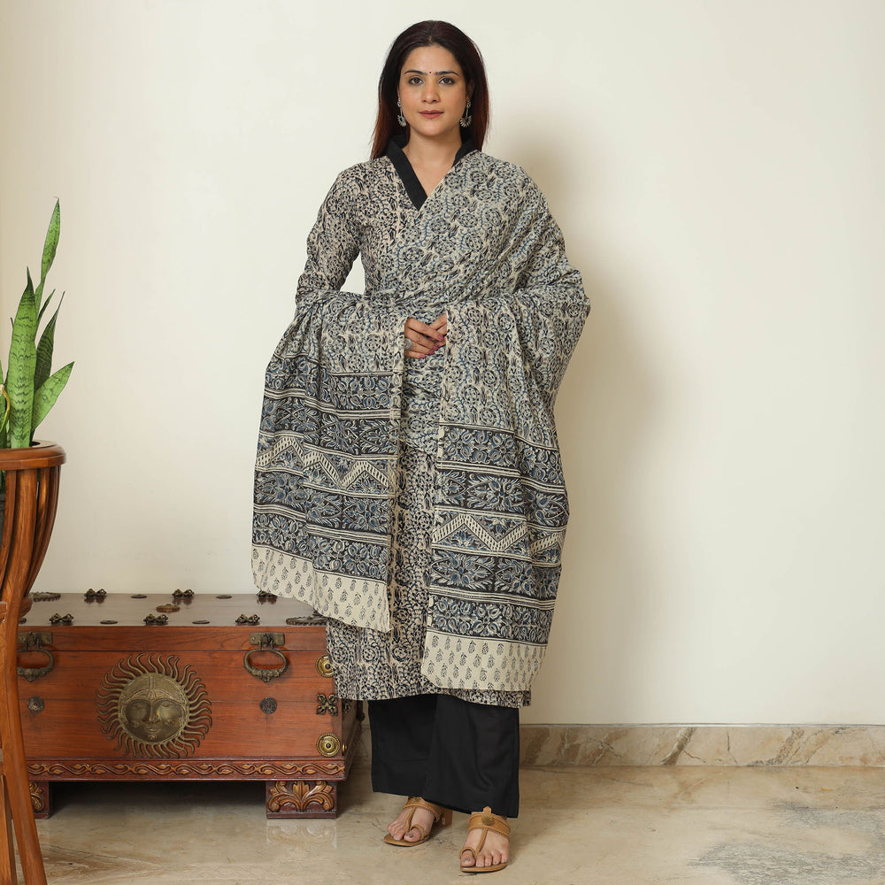 Grey - Pedana Kalamkari Block Printed Cotton Kurta with Palazzo & Dupatta Set 02