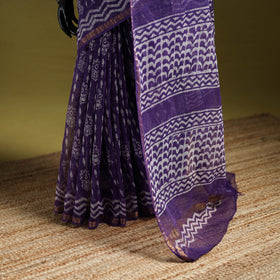 Purple - Batik Hand Block Print Kota Doria Cotton Saree 47