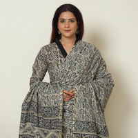 Grey - Pedana Kalamkari Block Printed Cotton Kurta with Palazzo & Dupatta Set 02