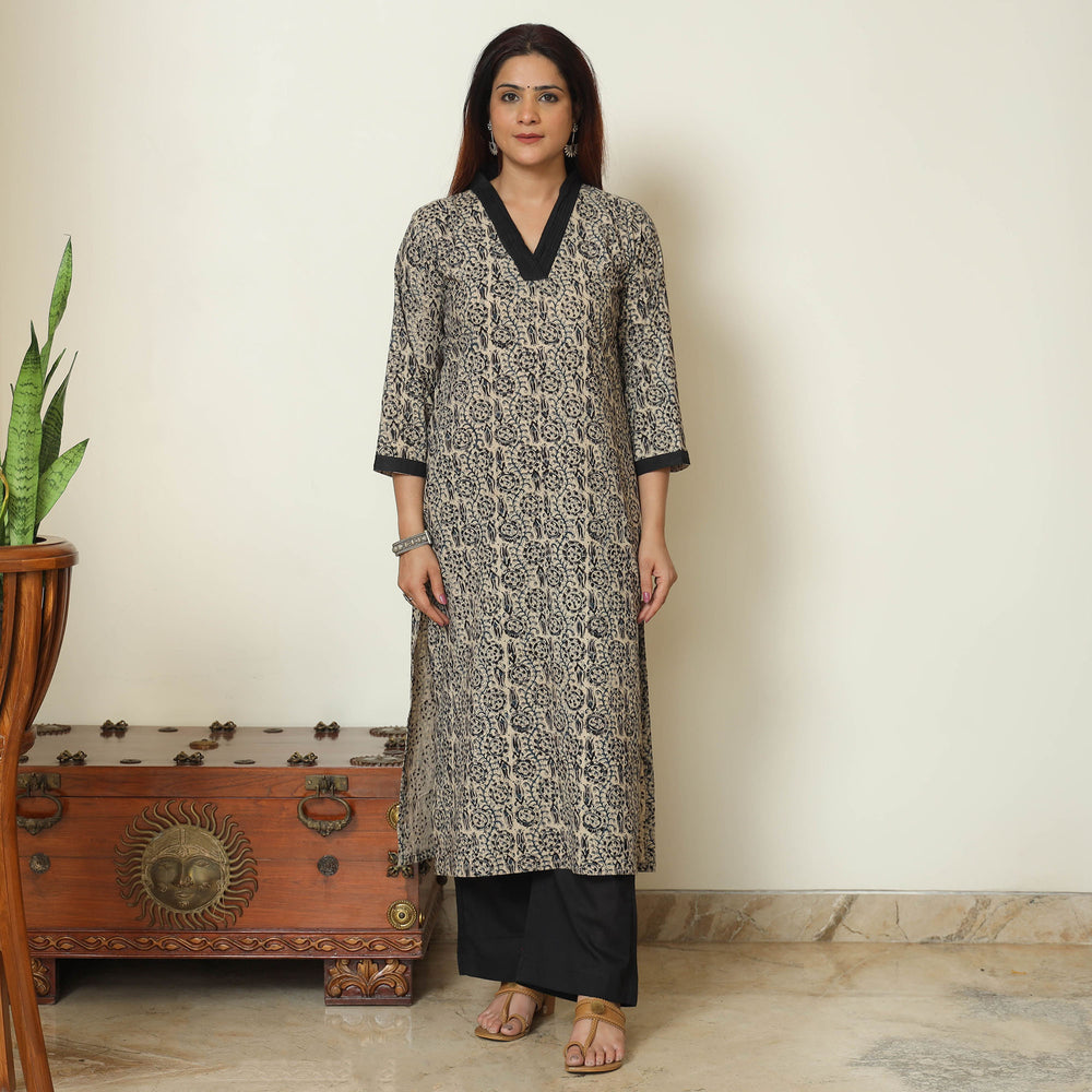 Grey - Pedana Kalamkari Block Printed Cotton Kurta with Palazzo & Dupatta Set 02