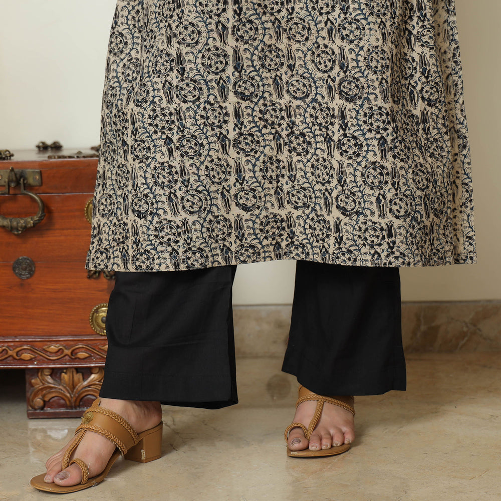 Grey - Pedana Kalamkari Block Printed Cotton Kurta with Palazzo & Dupatta Set 02