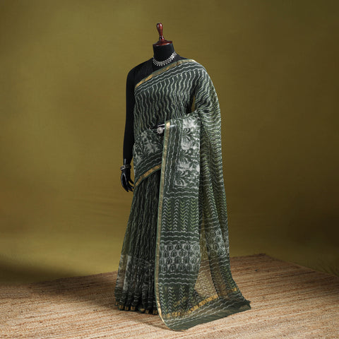 Green - Batik Hand Block Print Kota Doria Cotton Saree 52