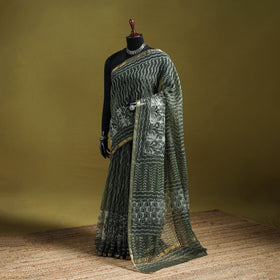 Green - Batik Hand Block Print Kota Doria Cotton Saree 52