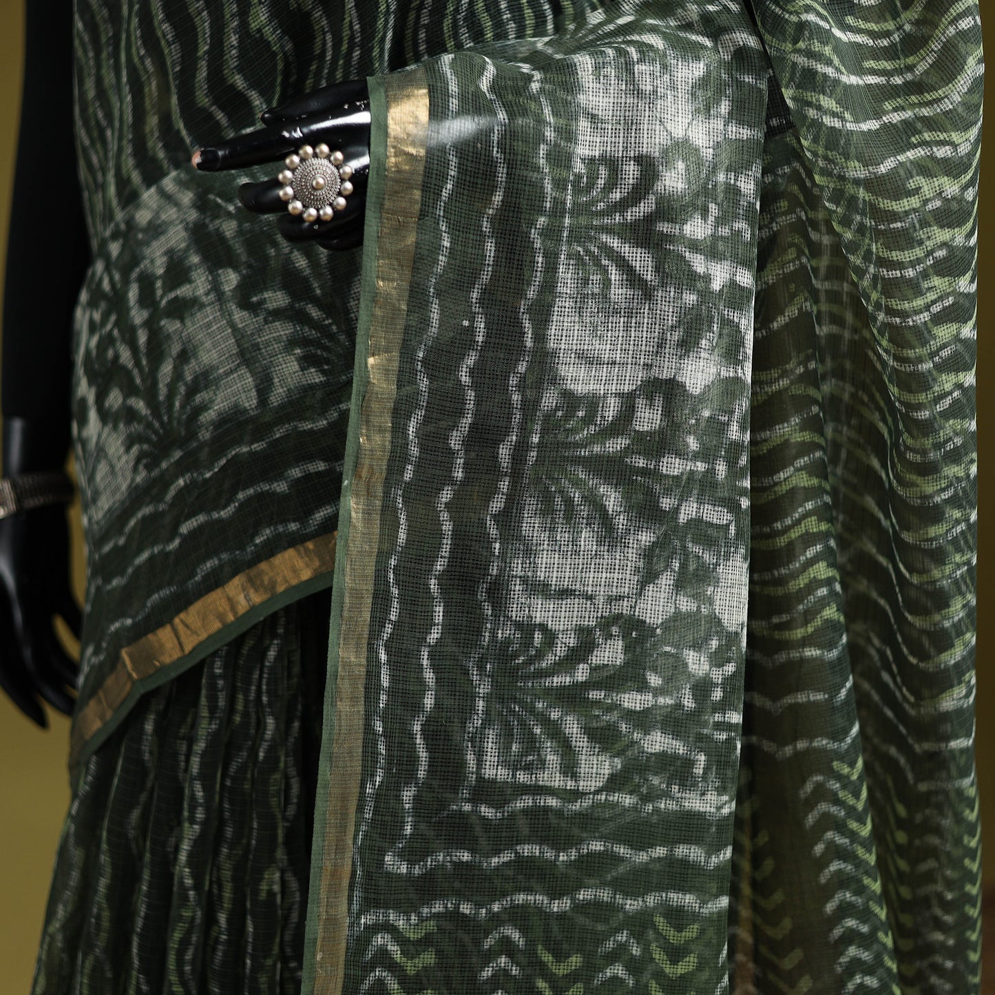 Green - Batik Hand Block Print Kota Doria Cotton Saree 52