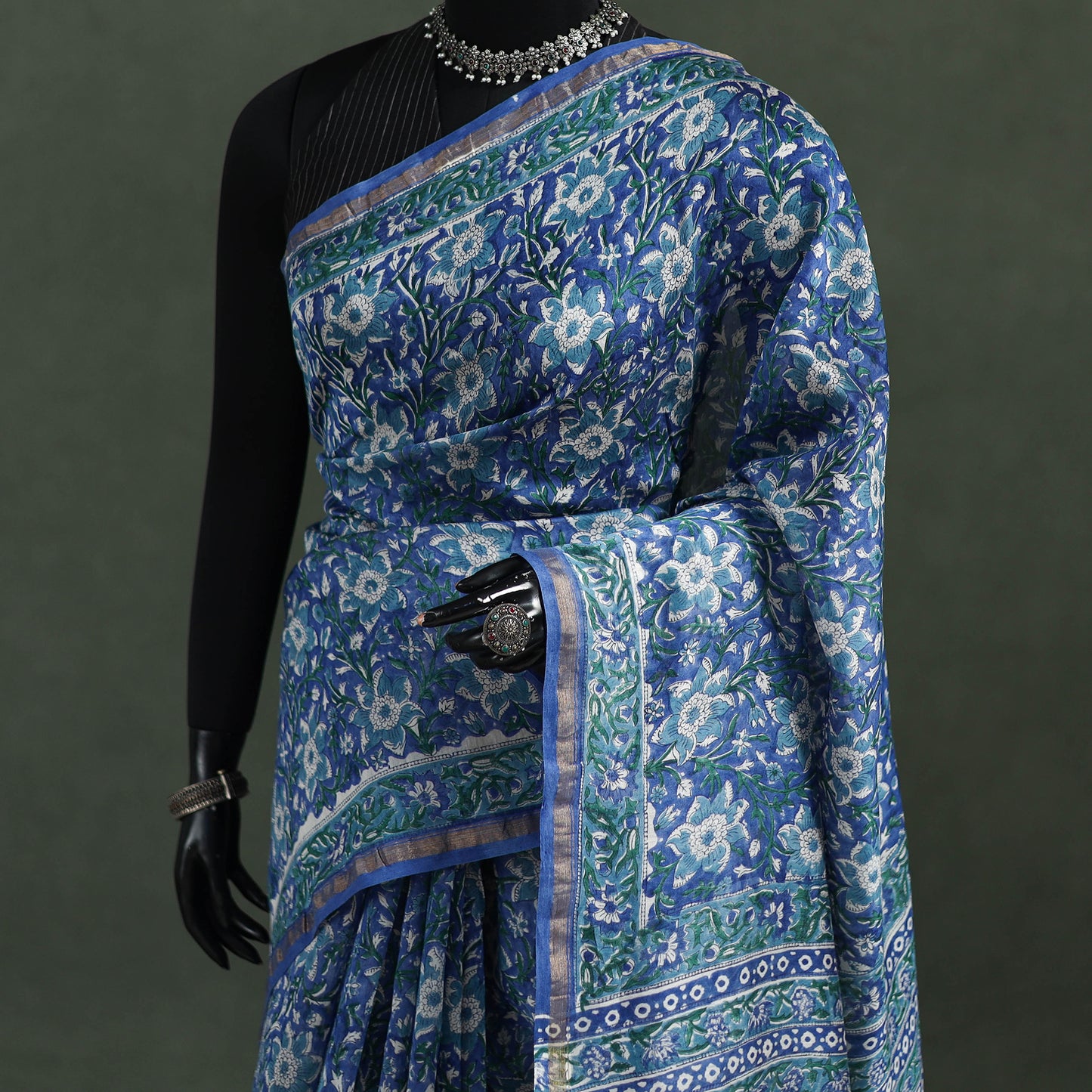 Sanganeri Hand Block Print Chanderi Silk Saree 30