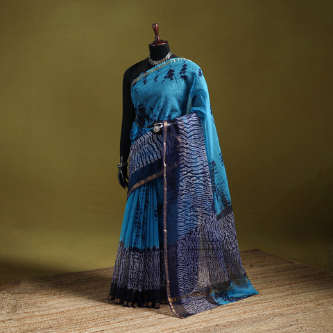 Blue - Shibori Tie-Dye Kota Doria Cotton Saree 55