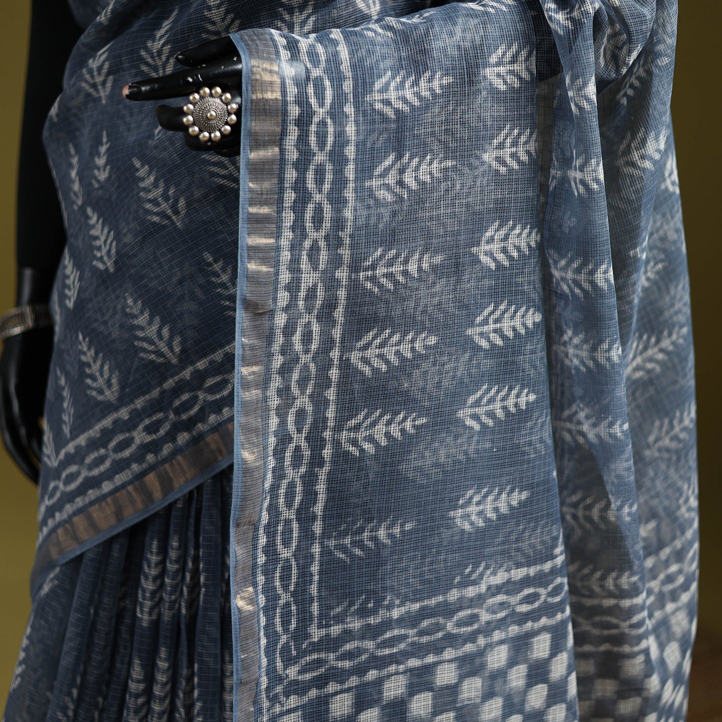 Blue - Batik Hand Block Print Kota Doria Cotton Saree 53