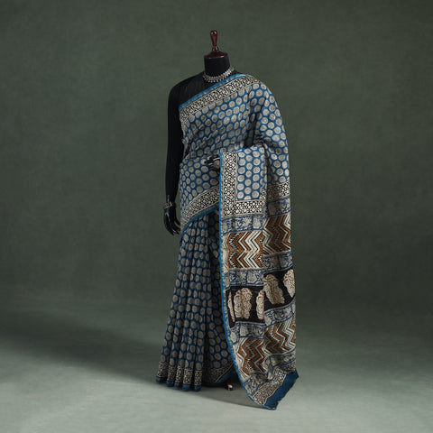 Bagru Hand Block Print Natural Dyed Chanderi Silk Saree 32