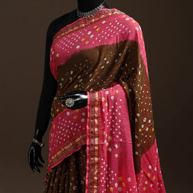 Brown - Kutch Tie-Dye Cotton Bandhani Saree with Blouse 11