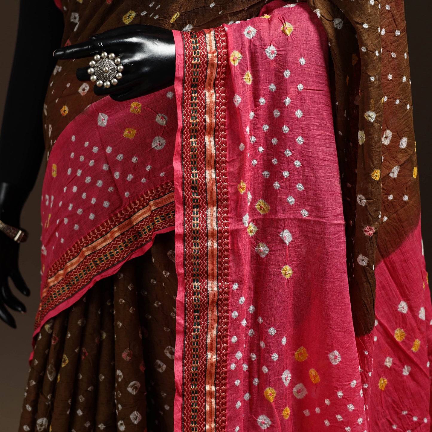 Brown - Kutch Tie-Dye Cotton Bandhani Saree with Blouse 11
