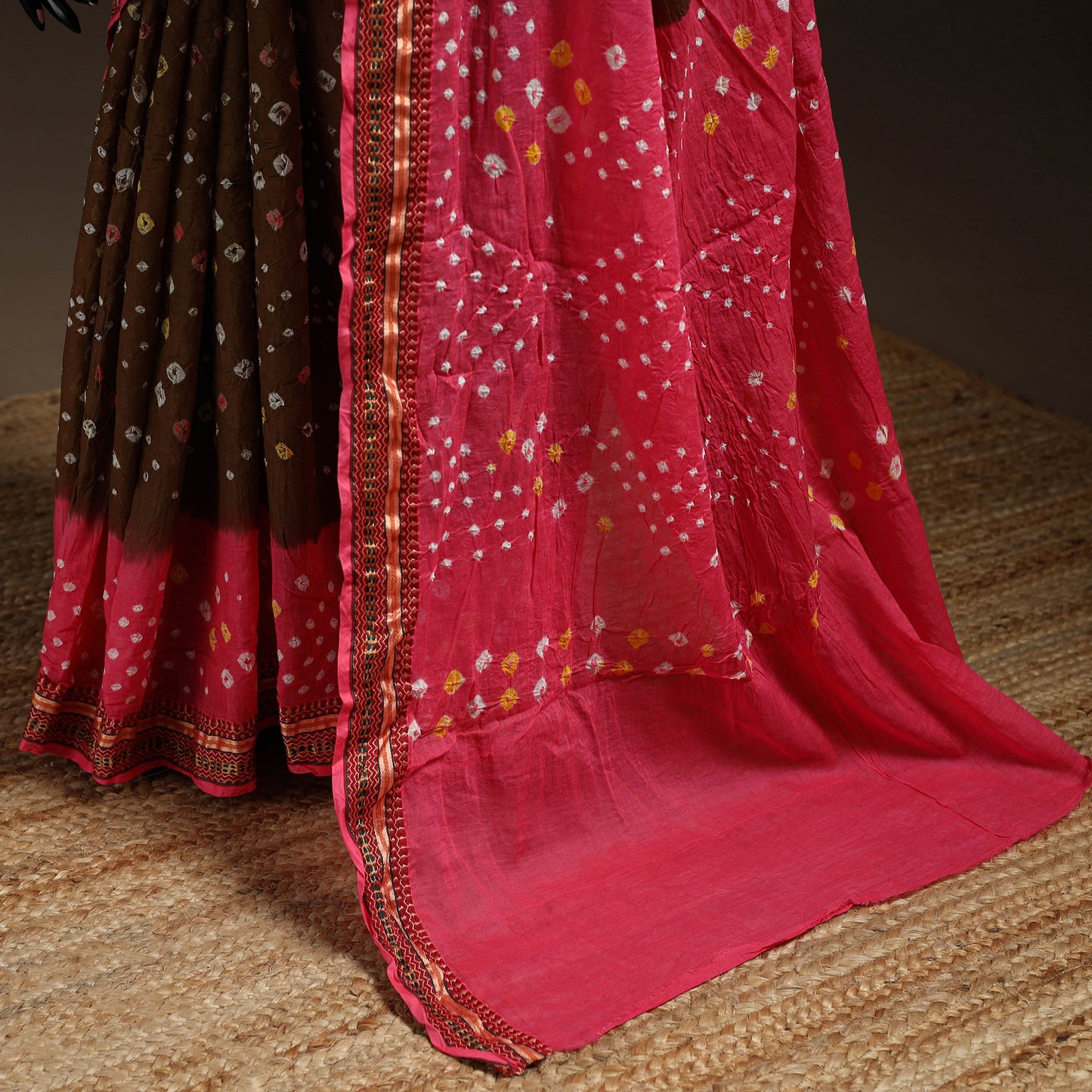 Brown - Kutch Tie-Dye Cotton Bandhani Saree with Blouse 11