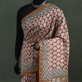 Bagru Hand Block Print Natural Dyed Chanderi Silk Saree 33