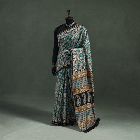 Green - Bagru Hand Block Print Natural Dyed Chanderi Silk Saree 34