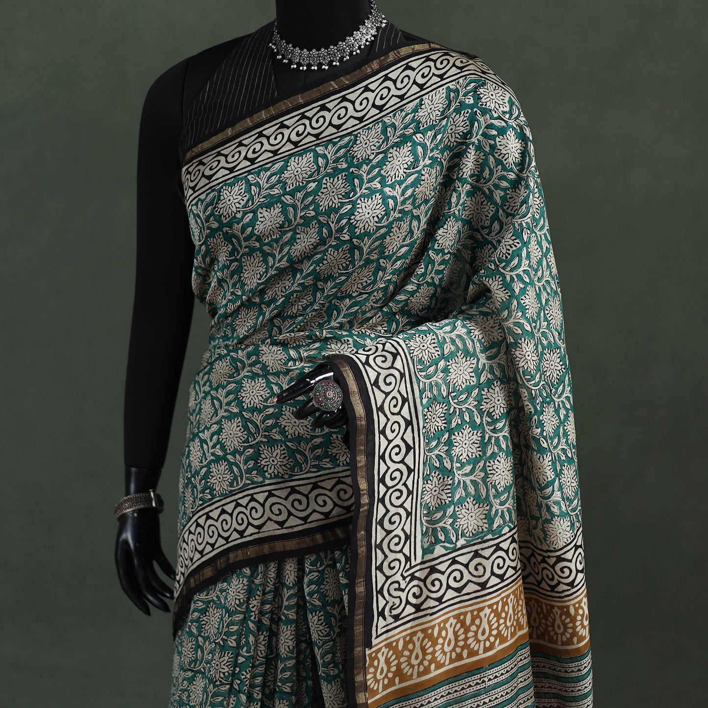 Bagru Hand Block Print Natural Dyed Chanderi Silk Saree 34