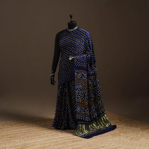 Blue - Kutch Dani Tie-Dye Gajji Silk Zari Work Bandhani Saree 12